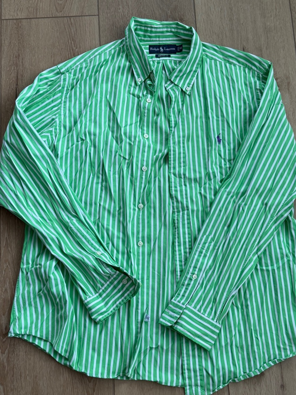 Ralph Lauren Green and White Striped Button-Down Shirt